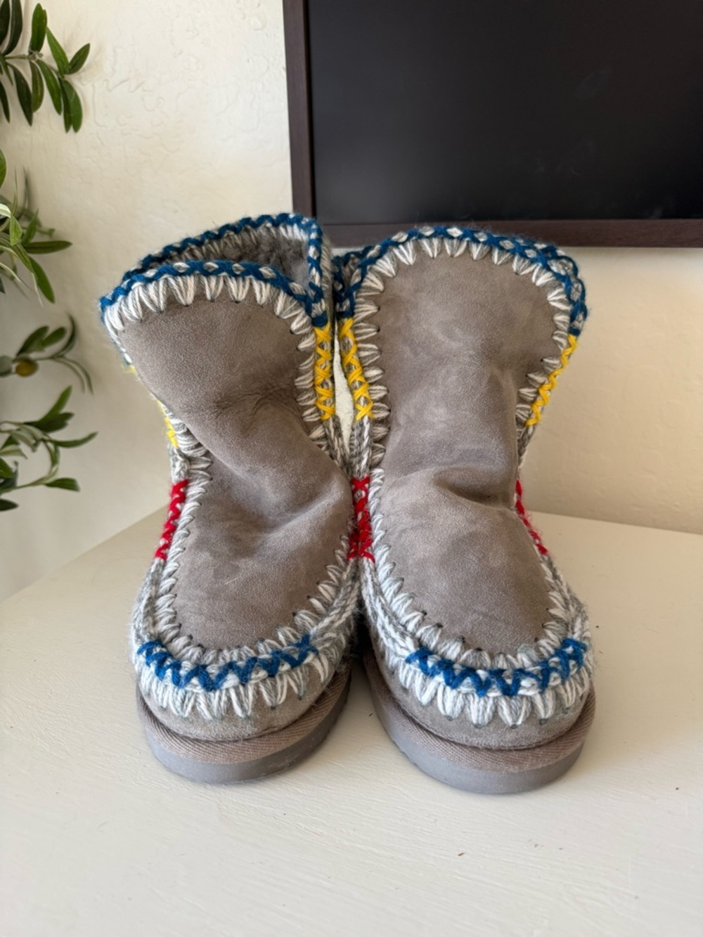 Mou Gray Suede Whipstitch Ankle Boots with Multicolor Stitching